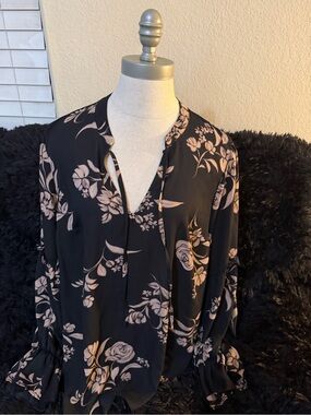 Black Floral V-Neck Blouse with Blush Rose Print